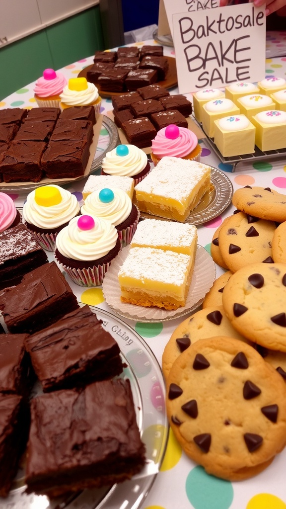 Delicious Bake Sale Ideas to Delight Everyone An assortment of brownies, cupcakes, lemon bars, and cookies on a table for a bake sale.